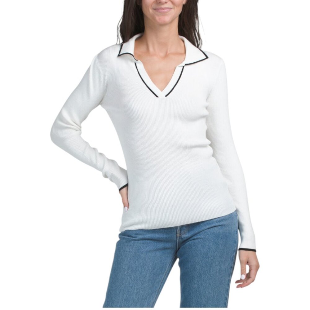 ELIE TAHARI Johnny Collared Ribbed Fitted Sweater